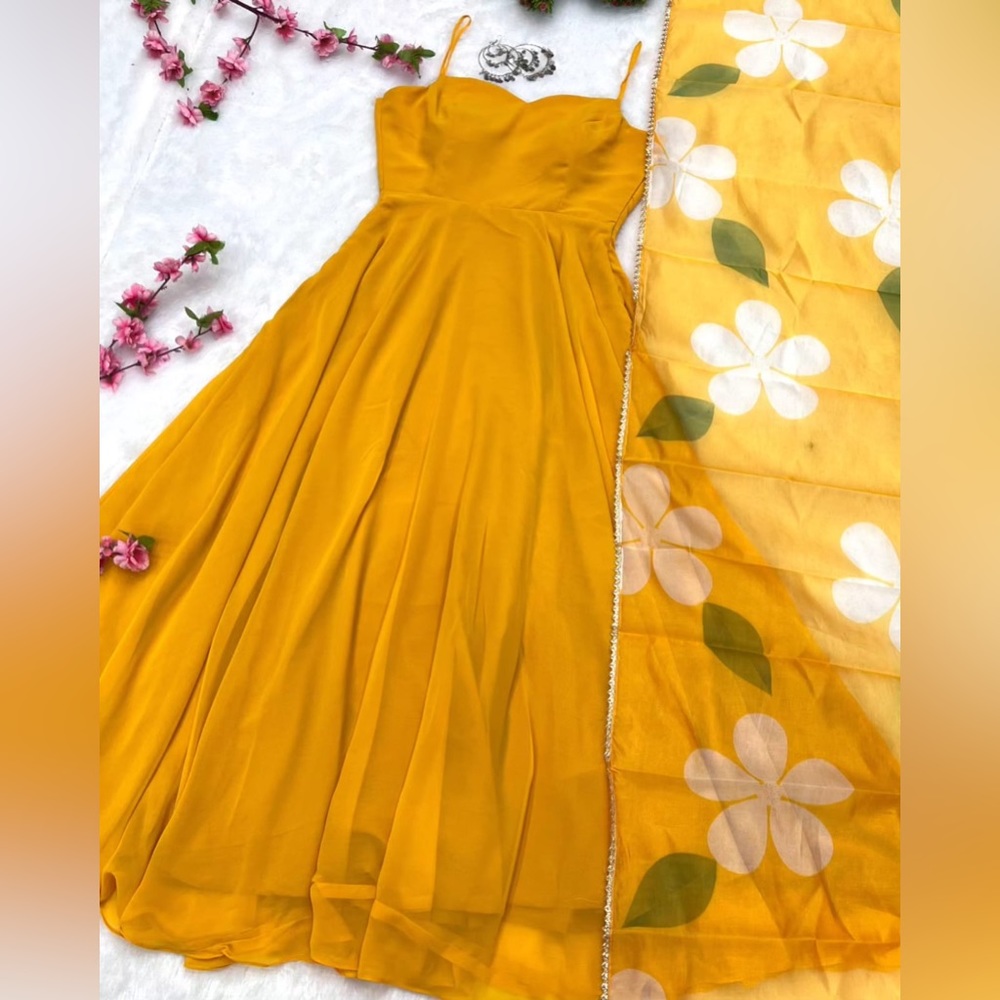 Anarkali with floral dupatta.